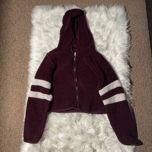 Women’s Red and White Cropped Zip-up Sweater